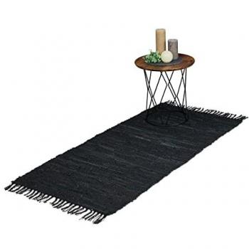 Tappeto in Cotone e Pelle con Frange, 70 x 140 cm, Nero