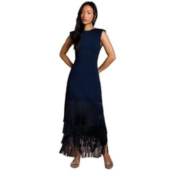 Coast Women's Navy Bandage Knit Midi Dress – Fringed Hem, Size 10