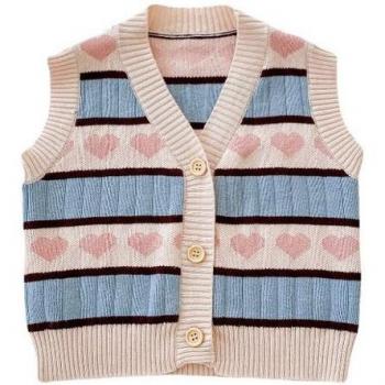 Chaleco de punto con cuello en V para niña, diseño a rayas azules y corazón, botones abiertos, abrigo E3040, novedad de Primavera 2022