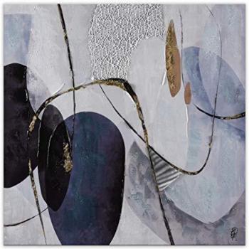 Oeuvre d'art abstraite contemporaine sur toile, décorée à la main avec des couleurs acryliques, relief et insert métallique