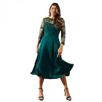 Elegance in Green: Satin Mesh Fit‑and‑Flare Dress