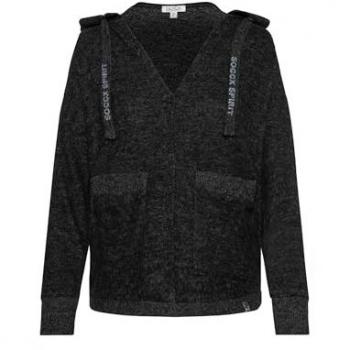 SOCCX Damen Feinstrick-Cardigan mit Kapuze in Schwarz Melange, Größe XS
