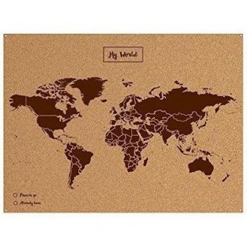 Mapa del Mundo de Corcho Woody Map Natural, 60 x 45 cm, Marrón, Sin Marco