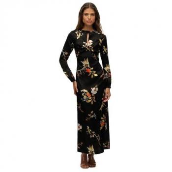Superdry Femme Robe longue à manches longues, motif floral, couleur noire – XS