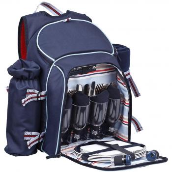 Navy 4-Way Outdoor Backpack: Picnic Kit with Bottle Slot & Blanket