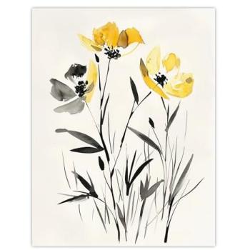 Artery8 Floral Splendor: Black, White & Yellow Watercolour Print – 12x16
