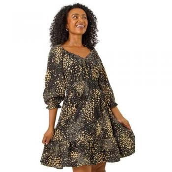 Robe Roman Noir à Détails Volants et Pois