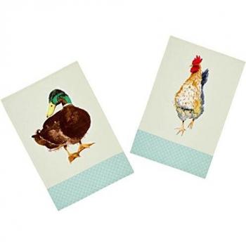 KitchenCraft 'Barnyard Beauties' 100% Cotton Printed Bird Tea Towels, 70 x 47 cm – Cream / Sage Green (Set of 2)