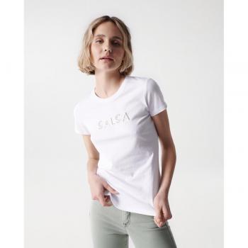 Camiseta Salsa Blanca: Top Bordado Mujer, Logo en Texto