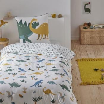 Lit bébé en coton 100 % avec parure à dinosaures – 140 × 200 cm – couleur verte/bleu