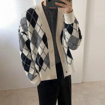 Cárdigan de punto para hombre, diseño a cuadros, ropa casual de primavera y otoño, cuello en V, vintage, talla grande
