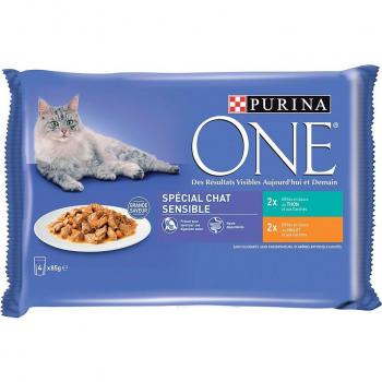 PURINA ONE Sachets fraîcheur au thon et au poulet pour chat adulte sensible 4 x 85 g