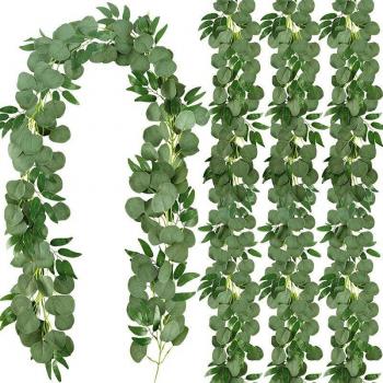 Artificial Silver Dollar Eucalyptus Garland with Willow Twigs, 4 Packs of 6.5 Feet