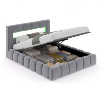 Lit Velours Gris 140x190cm Nuage avec Coffre et Lumières LED
