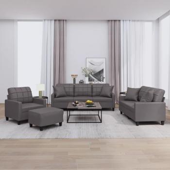 4-Piece Sofa Set in Grey Faux Leather with Cushions