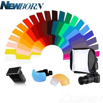 23cm x 23cm Softbox Diffuser Kit with 20 Color Gels, Honeycomb Grid, and 3 Color Pop-Up Covers for Canon Nikon Godox YONGNUO