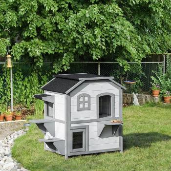 Wooden 2-Story Indoor or Outdoor Cat House with Escape Door