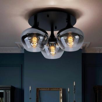Stilvolle 3-flammige Deckenlampe aus Metall, Rauchglas, schwarz, D 45 cm