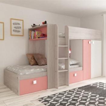 Castello Bunky Duo: Letto per Due Bambini con Armadio, Cassetti (Bianco/Fiamma Rosa)