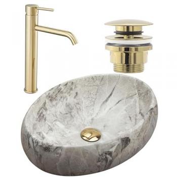 Completo bagno: Lavabo da appoggio Linda Stone, rubinetto lungo Gold e tappo Gold