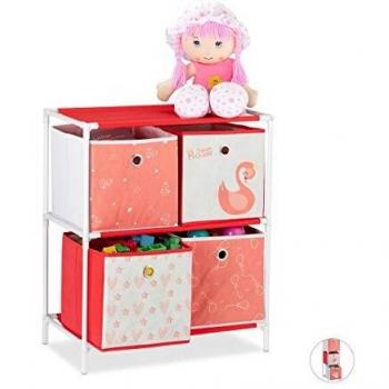 Scaffale per Bambini con 4 Scatole, Design Swan Princess, Bianco/Rosso