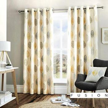 Ochre Skandi Leaf Eyelet Curtains Pair