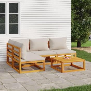 5 Piece Solid Wood Patio Lounge Set with Light Gray Cushions