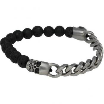 Damenarmband Jacques Charrel: Lava‑Kugeln + zwei Totenköpfe in Schwarz, Edelstahl, OneSize