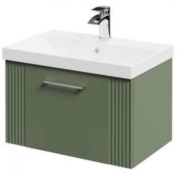 Wholesale Domestic Avant Wall-Mounted Vanity Unit with 1 Tap Hole, Slim Edge Basin, and Single Drawer with Polished Chrome Handle | Satin Green | MDF | 600mm
