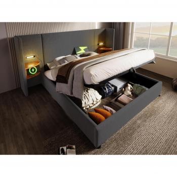 Lit en lin 160x200cm avec tables de chevet et fonction chargement