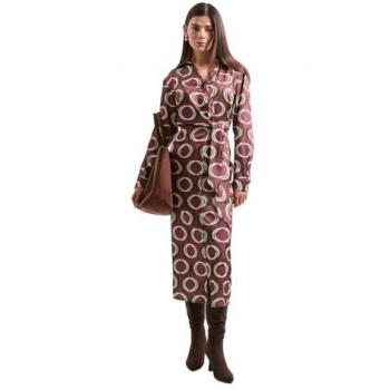 Satin Shirt Dress with Brown Tie‑Waist and Buttons