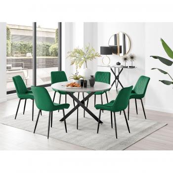 Novara Grey Concrete Round Dining Table with Black Legs & 6 Green Pesaro Chairs Set