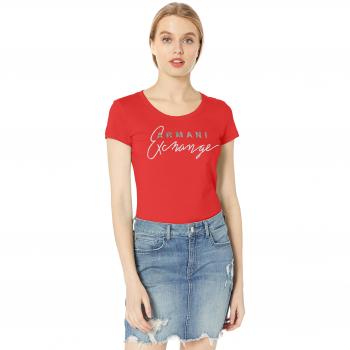 Armani Exchange A|X Damen Shirt – Logo im Vorderteil, Slim Fit, Scoop Neck – Moulin Rouge – XL (“Groß”)