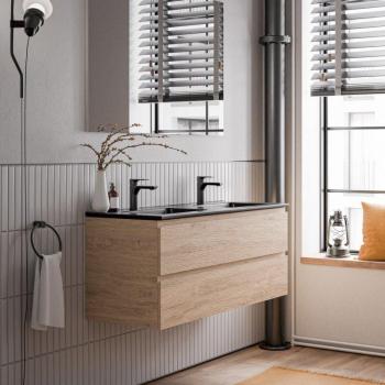 Lavabo Doble Suspendido con Rebosadero y Desagüe – MDF Roble Miel – Black Matt – 120x46x50 cm