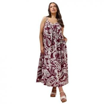 Vivid Red Paisley Pleated Linen Dress