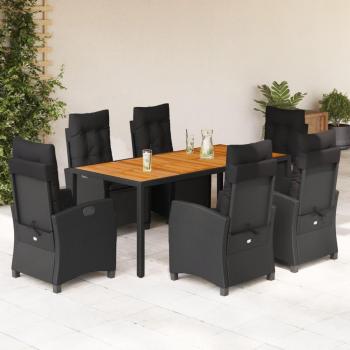 Set repas d'extérieur 7 pcs, coussins noirs résine tressée