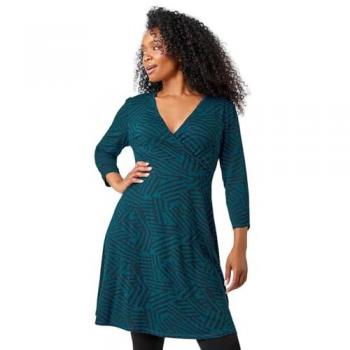 Petite Abstract Teal Mock Wrap Stretch Dress for Women