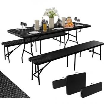 24MOVE® Bierzelt‑Set „Klimafest“ – klappbarer Tisch & 2 Rattan‑Bänke, drinnen & draußen geeignet