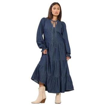 Robes PixieGirl Mini Blue Long Sleeve Tie Neck Tiered Denim