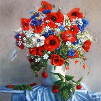 Pittura a Diamante Rotonda con Fiori Rossi e Blu, Ricamo a Punto Croce, Decorazione per Casa 30x30CM