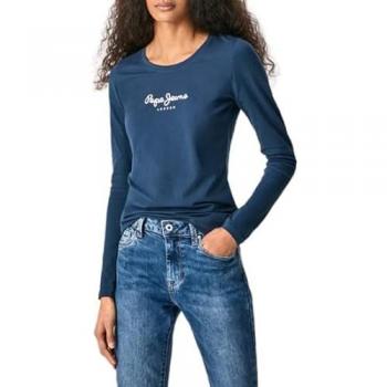 Pepe Jeans Damen Langarmshirt New Virginia mit Logo-Print, Marineblau, Slim Fit, XS