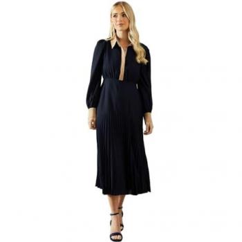 Womens' Petite Pleated Midi Dress with Contrast Collar