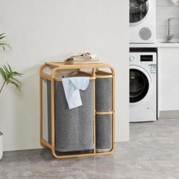 Clasificador de Ropa Evenes con 3 Bolsas Extraíbles de Bambú y Poliéster, Capacidad Total 50 L, Dimensiones 71 x 50 x 33 cm