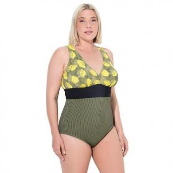 Badeanzug für Damen (Größe 46) – Ulla Popken – Zitronen-Print, recycelt