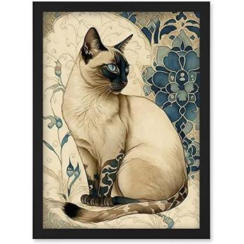 Watercolor Siamese Cat with Indigo Bloom