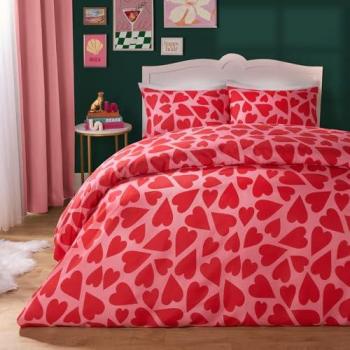 Romantic Reverie Set – King Hearts Print Duvet, Quilt & Pillowcase in Pink/Red