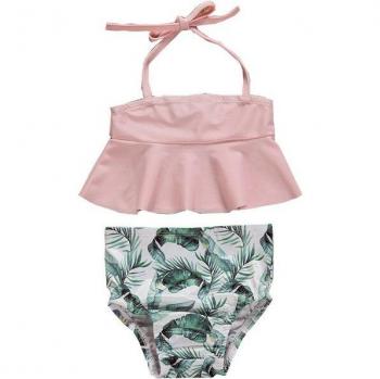 Traje de Baño Chic para Niños, Flor rosa y hojas impresas
