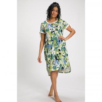 Camicia da notte verde con motivi floreali, scollo a girocollo, mezze maniche, Donna, Taglia 56/58, Cotone