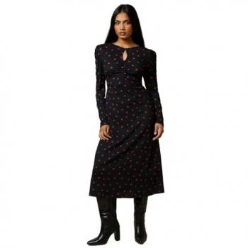 Petite Women's Black Midi Dress with Red Spots and Keyhole Detail, Size 14 UK