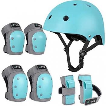 PHZ Schoner Set Knieschoner Inliner Kinder Jugendliche mit Verstellbaren Helm Protektoren Skateboard Helm Set Fahrrad Schützer Sport Schutzausrüstung (Rot, S)